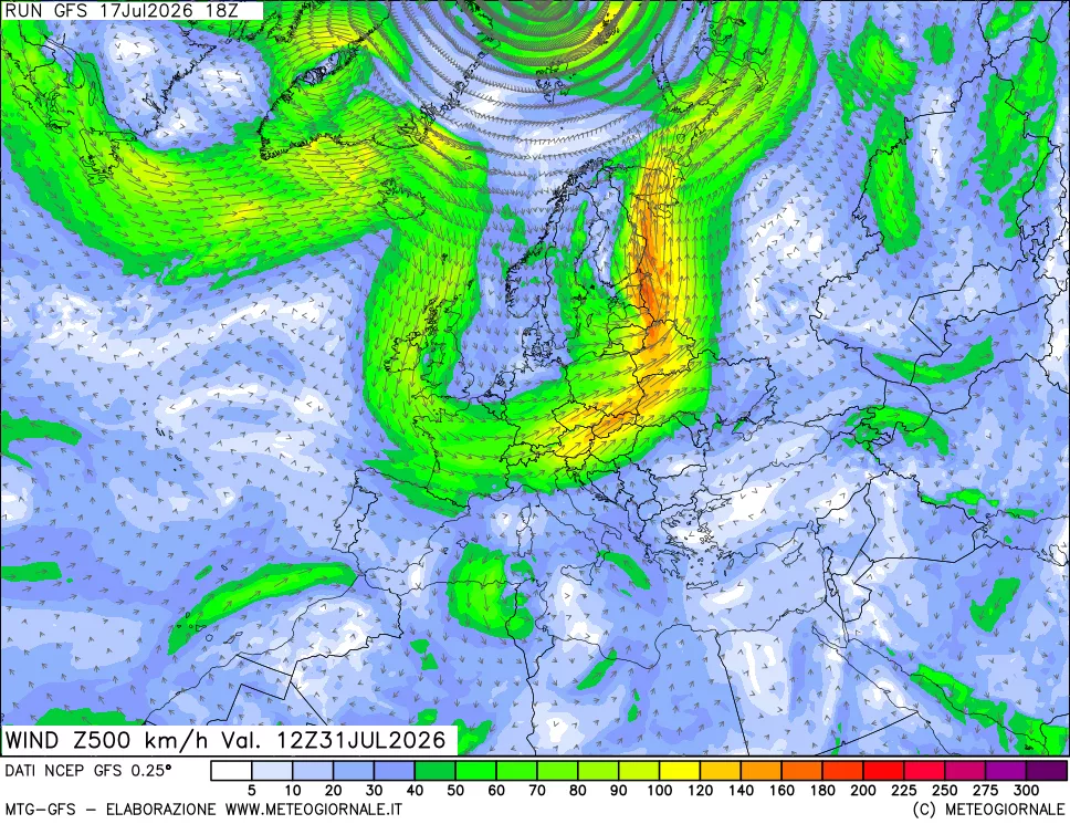 mappa 500 hPa Vento forza e direzione