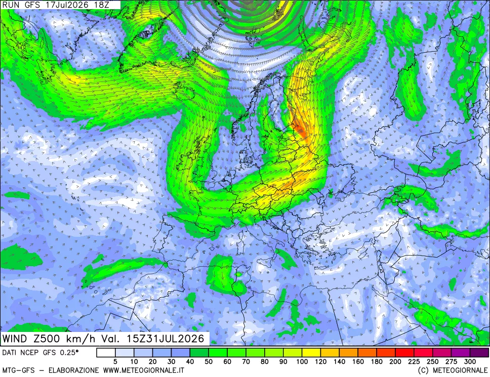 mappa 500 hPa Vento forza e direzione