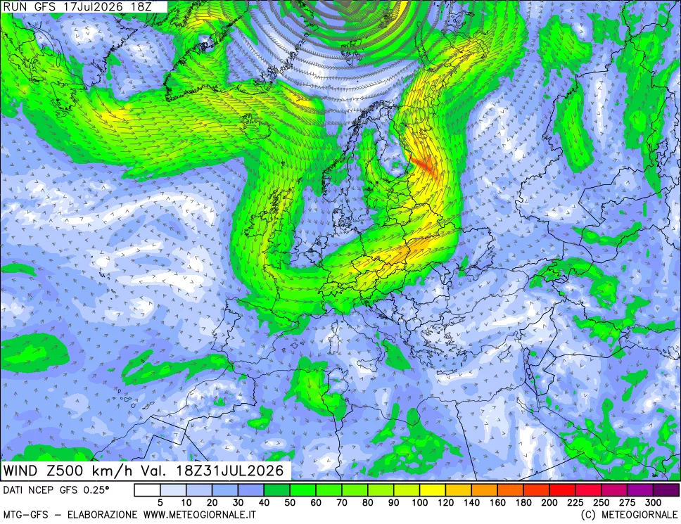 mappa 500 hPa Vento forza e direzione