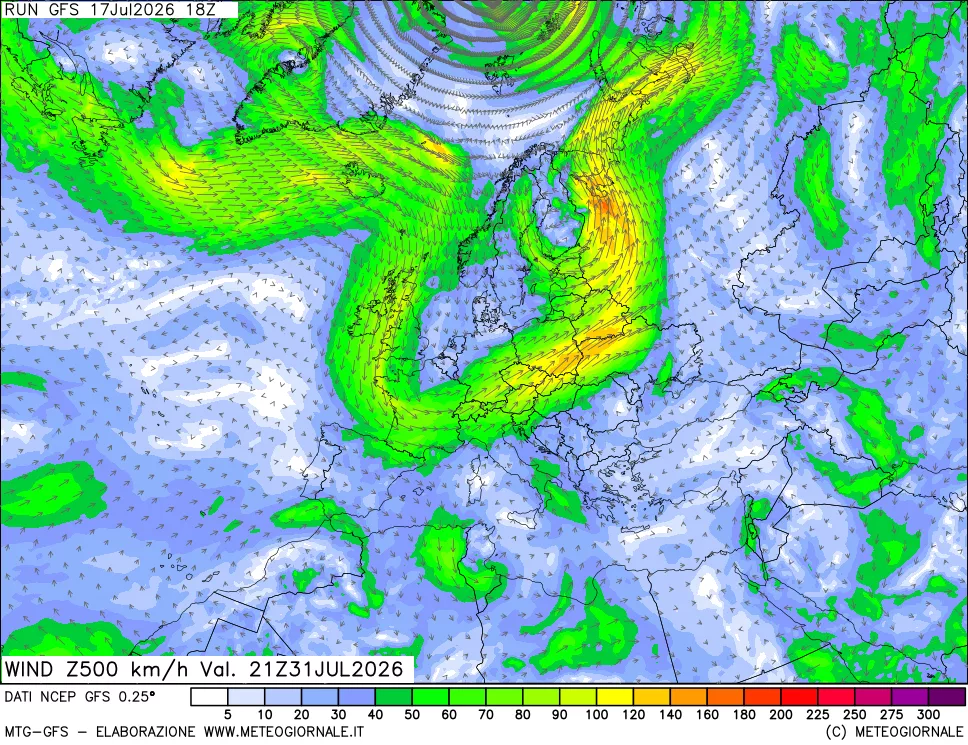 mappa 500 hPa Vento forza e direzione