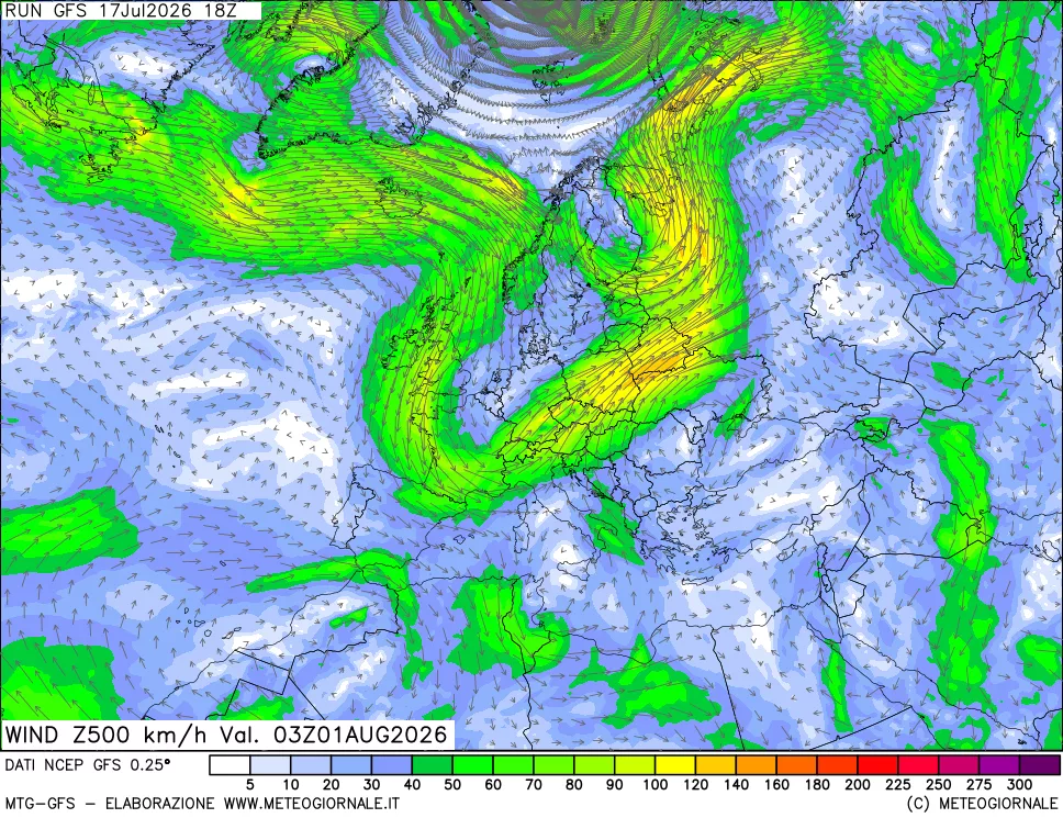 mappa 500 hPa Vento forza e direzione