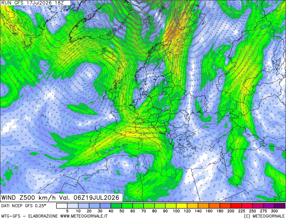mappa 500 hPa Vento forza e direzione