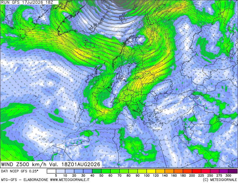 mappa 500 hPa Vento forza e direzione