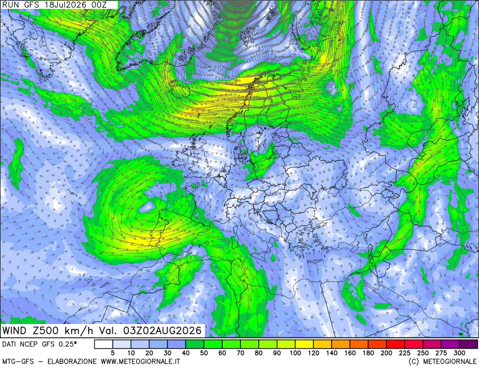 mappa 500 hPa Vento forza e direzione