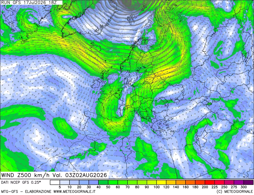 mappa 500 hPa Vento forza e direzione