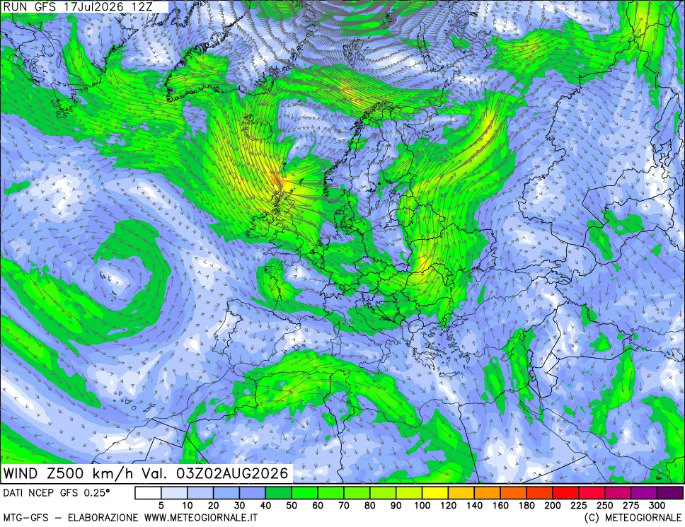 mappa 500 hPa Vento forza e direzione