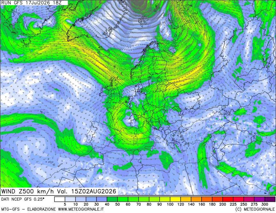 mappa 500 hPa Vento forza e direzione