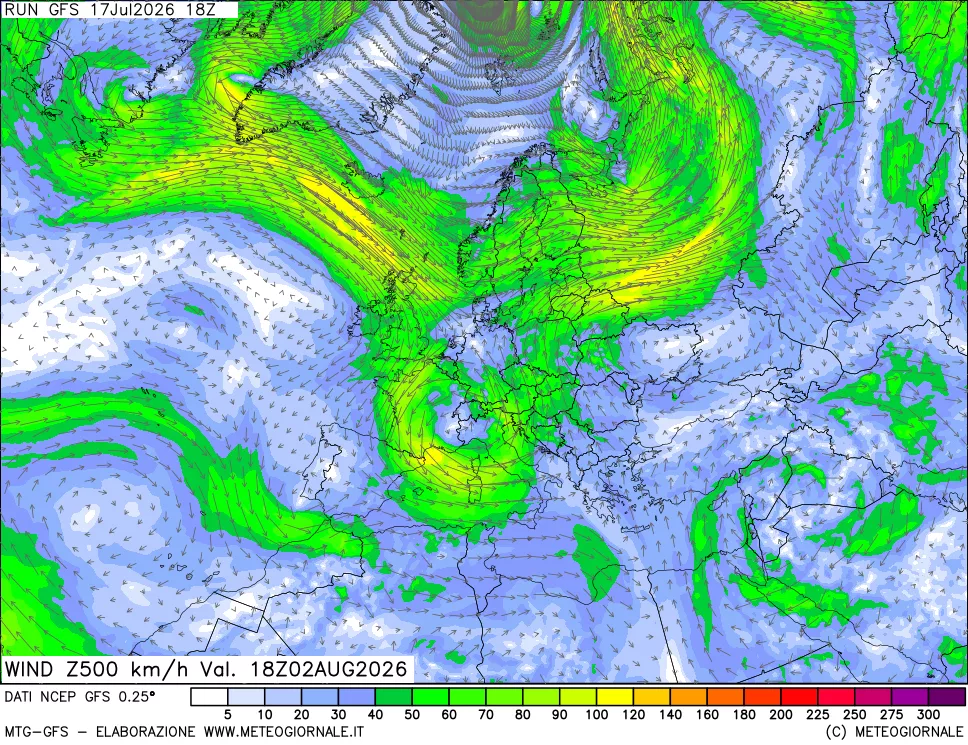 mappa 500 hPa Vento forza e direzione