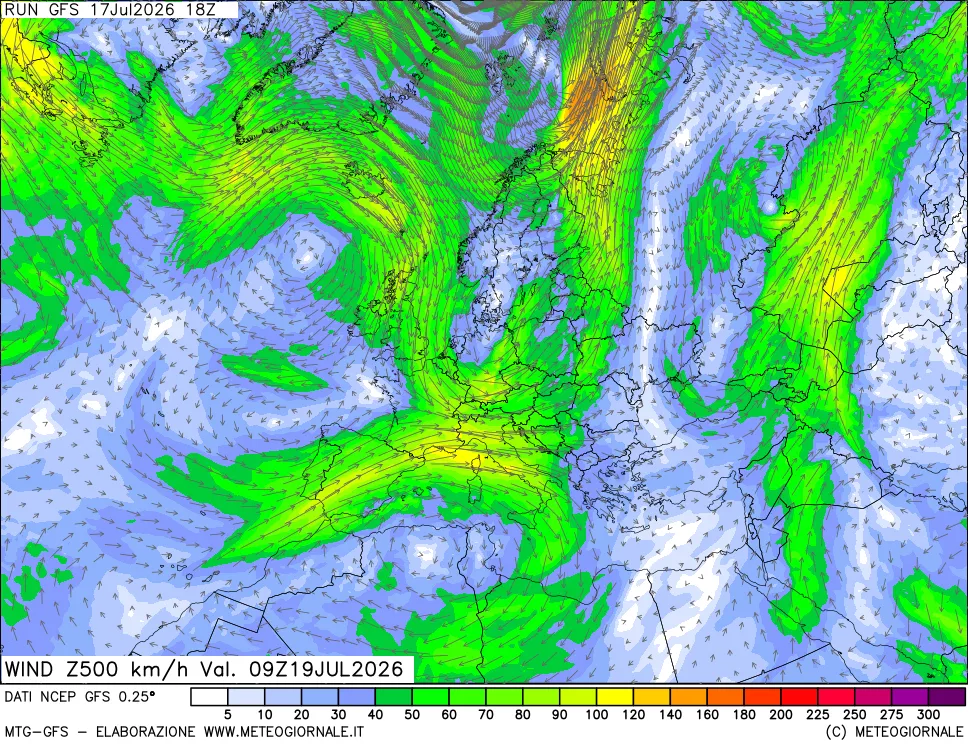 mappa 500 hPa Vento forza e direzione