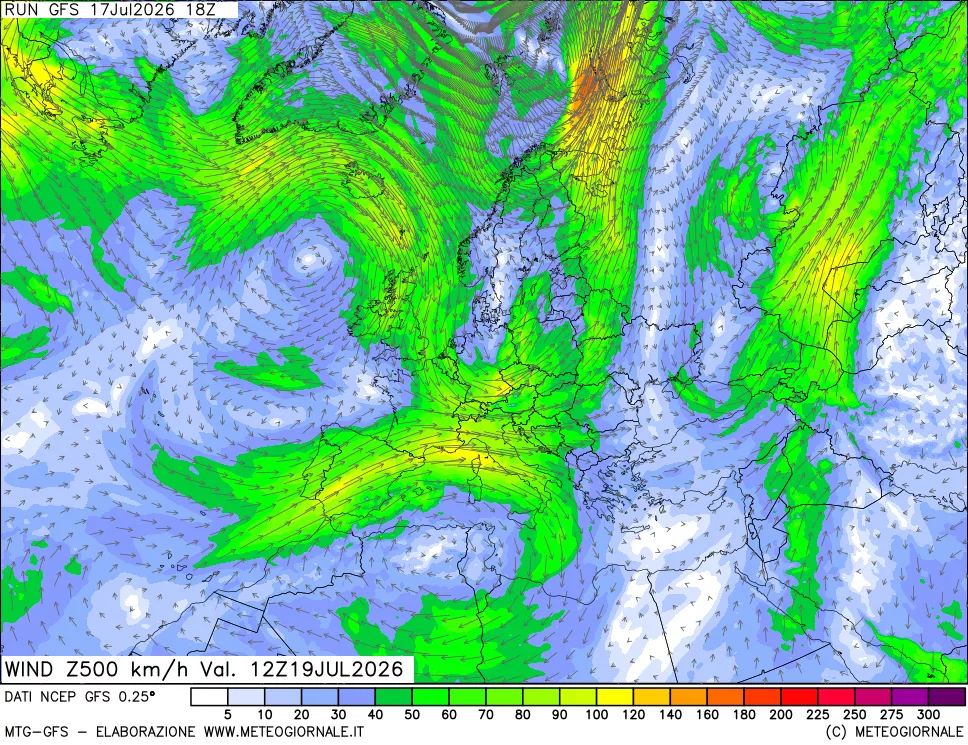 mappa 500 hPa Vento forza e direzione