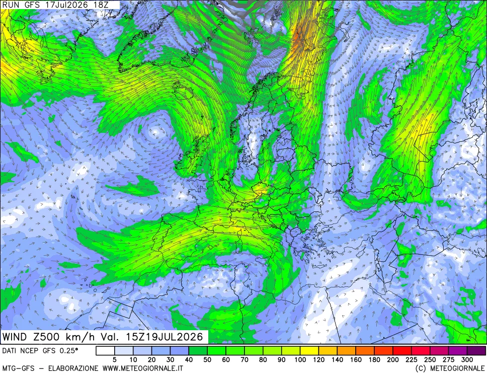 mappa 500 hPa Vento forza e direzione