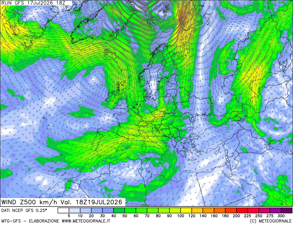 mappa 500 hPa Vento forza e direzione