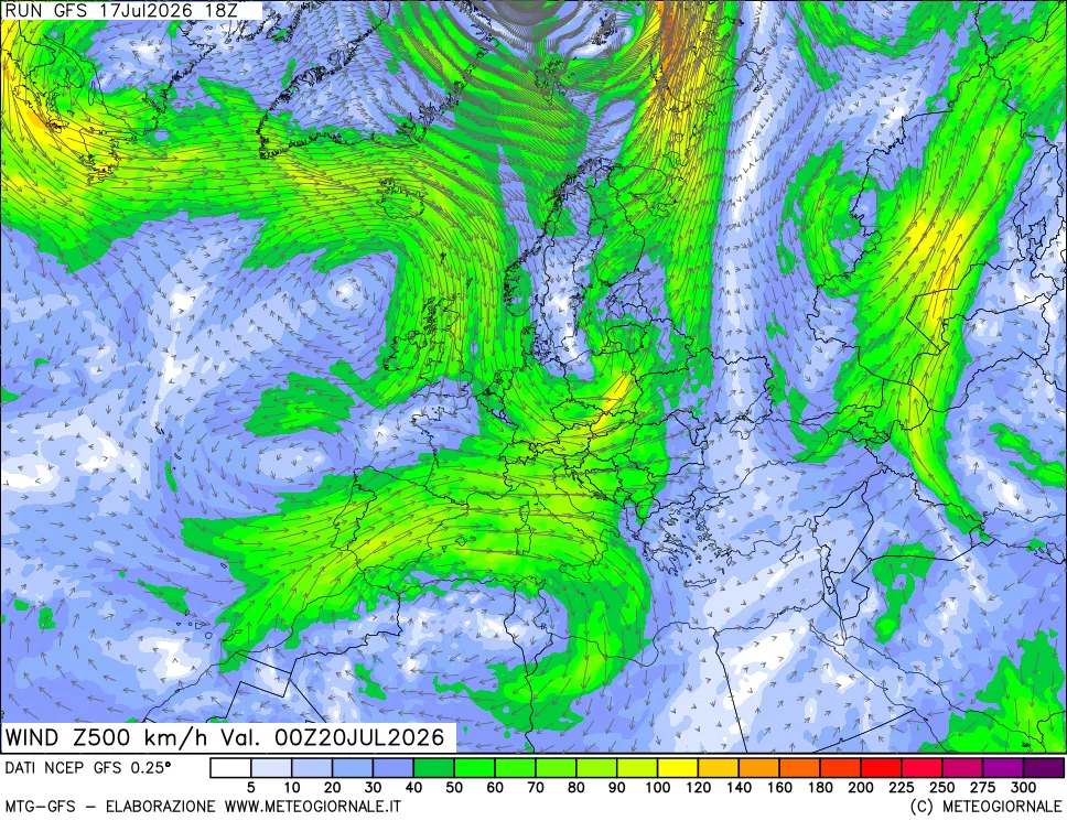 mappa 500 hPa Vento forza e direzione