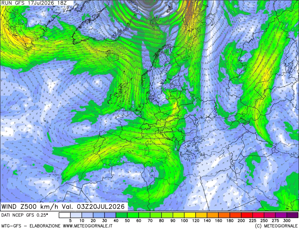 mappa 500 hPa Vento forza e direzione