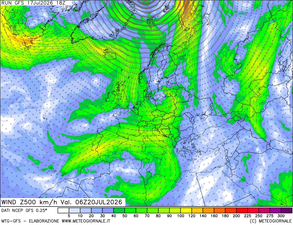 mappa 500 hPa Vento forza e direzione