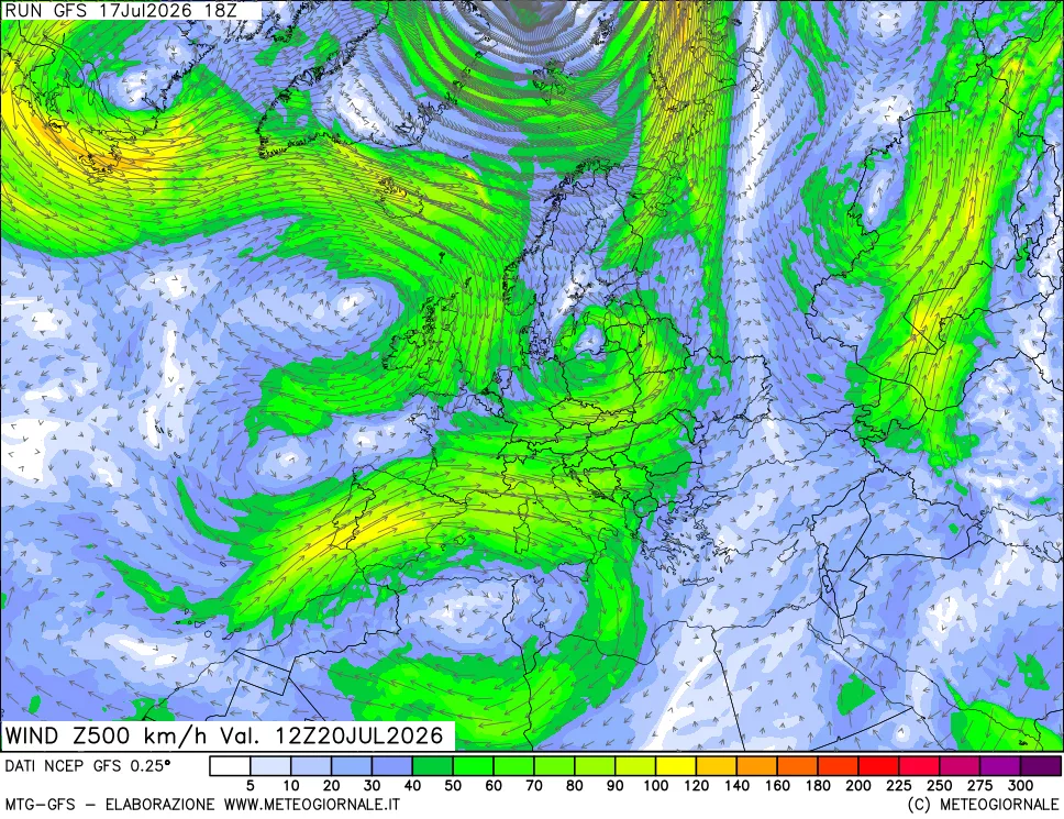 mappa 500 hPa Vento forza e direzione