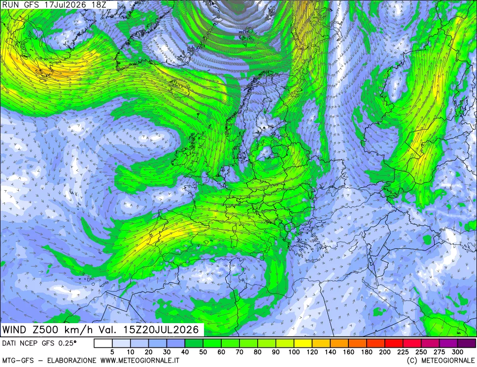 mappa 500 hPa Vento forza e direzione