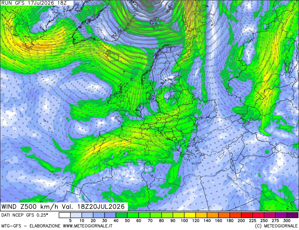 mappa 500 hPa Vento forza e direzione
