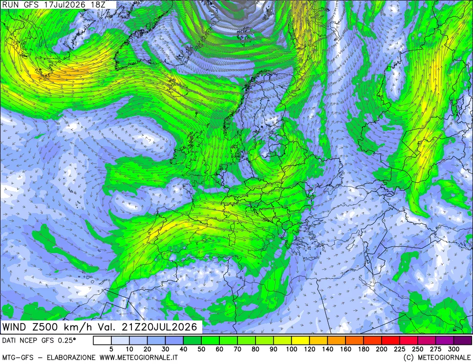 mappa 500 hPa Vento forza e direzione