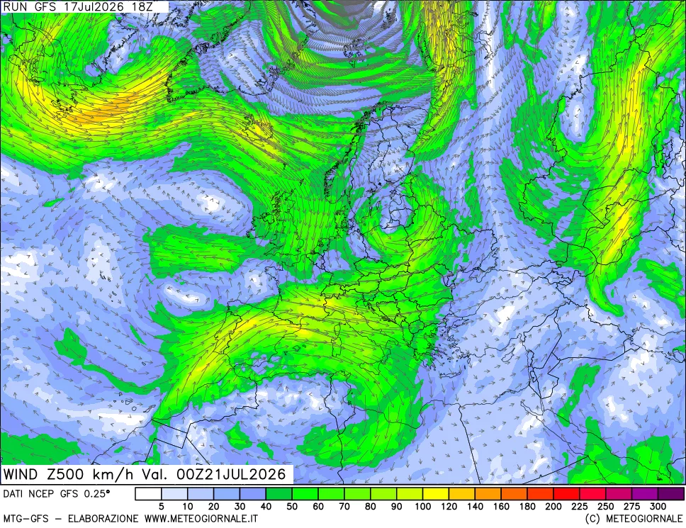 mappa 500 hPa Vento forza e direzione