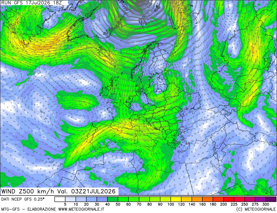 mappa 500 hPa Vento forza e direzione