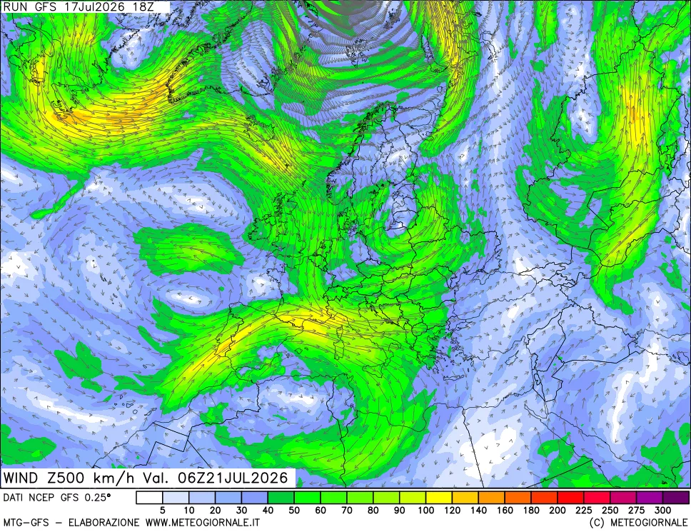 mappa 500 hPa Vento forza e direzione