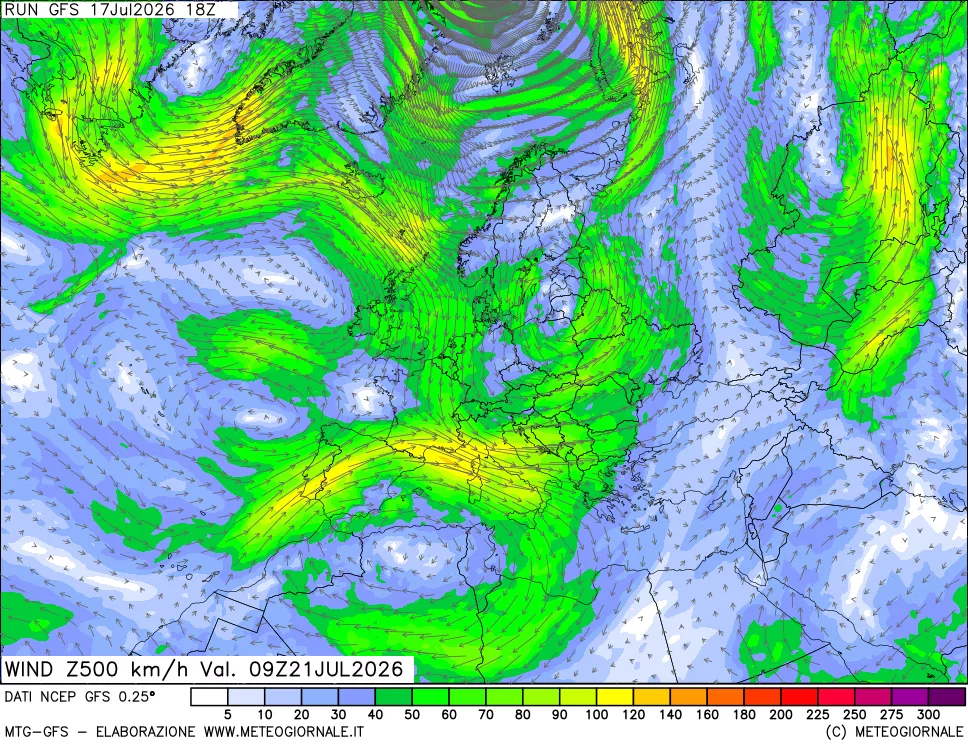 mappa 500 hPa Vento forza e direzione