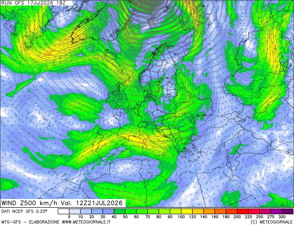 mappa 500 hPa Vento forza e direzione