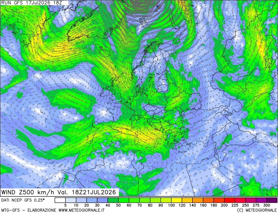 mappa 500 hPa Vento forza e direzione