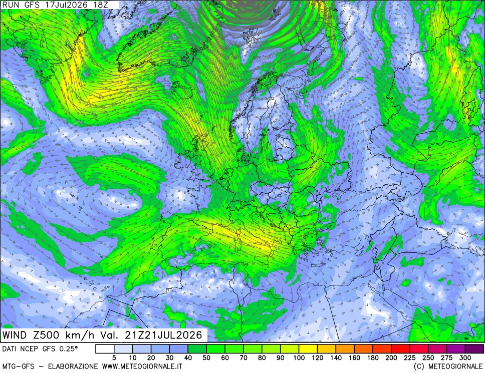 mappa 500 hPa Vento forza e direzione