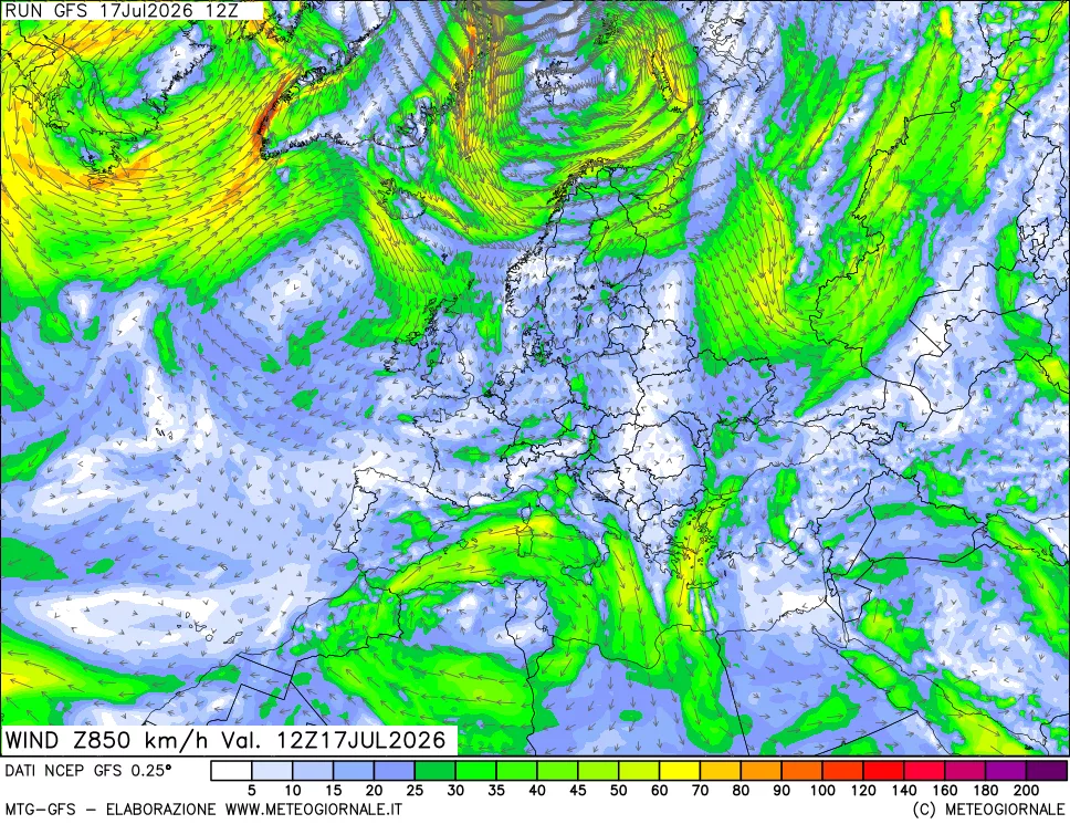 mappa 850 hPa Vento forza e direzione