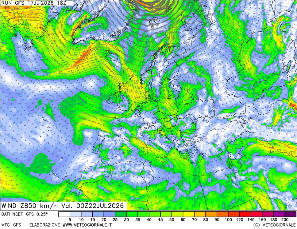 mappa 850 hPa Vento forza e direzione