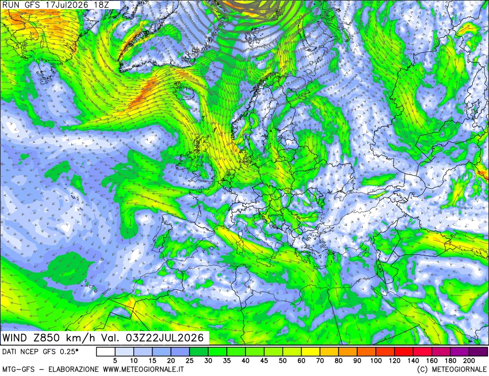 mappa 850 hPa Vento forza e direzione