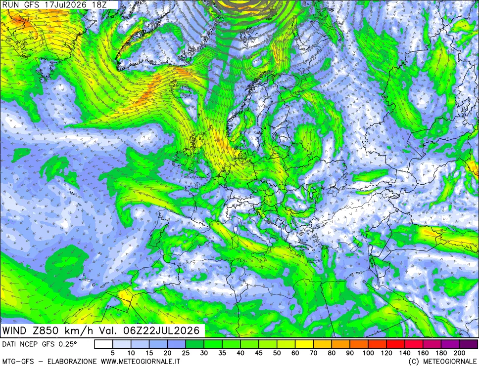 mappa 850 hPa Vento forza e direzione
