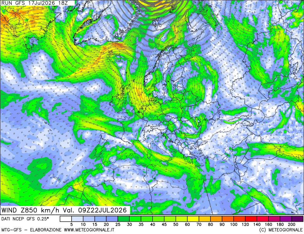 mappa 850 hPa Vento forza e direzione