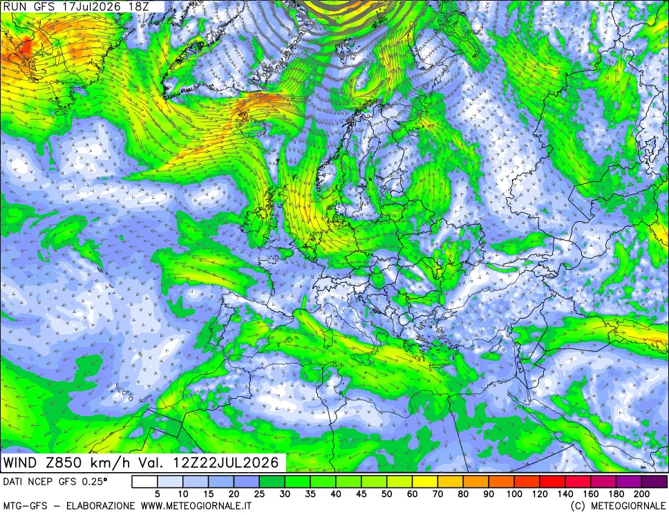 mappa 850 hPa Vento forza e direzione