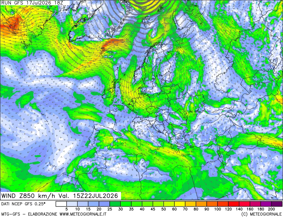 mappa 850 hPa Vento forza e direzione