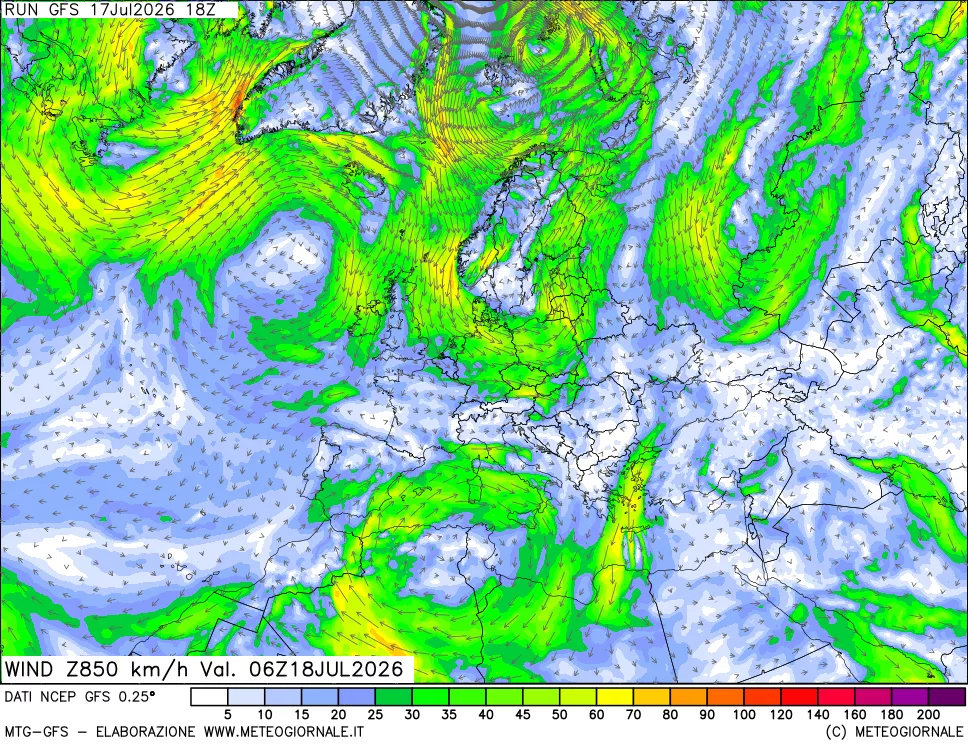 mappa 850 hPa Vento forza e direzione