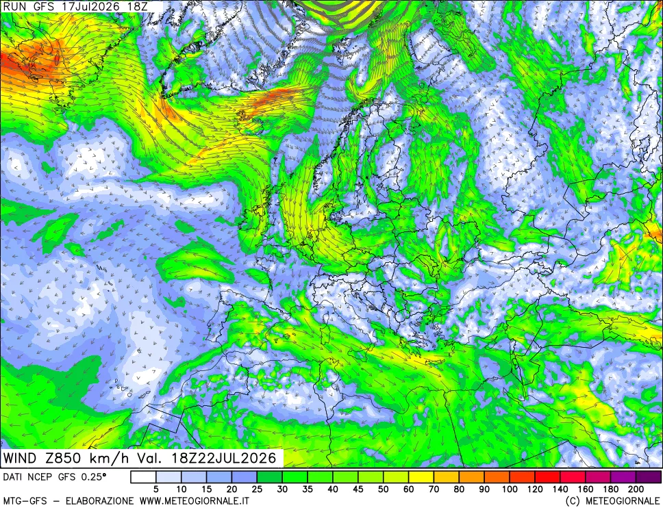 mappa 850 hPa Vento forza e direzione