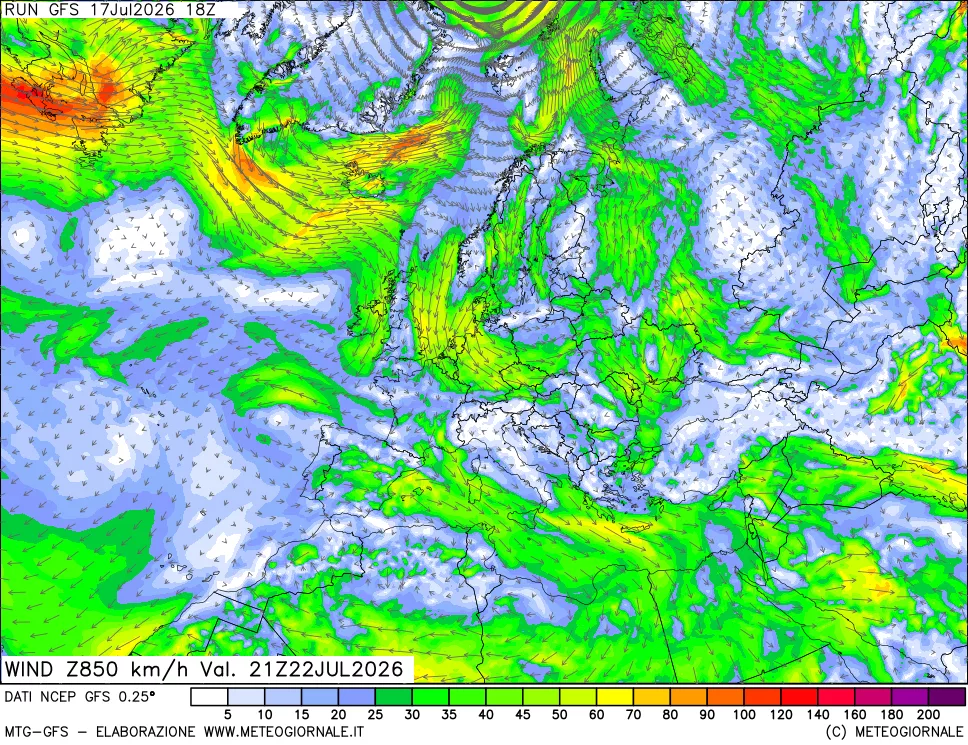 mappa 850 hPa Vento forza e direzione