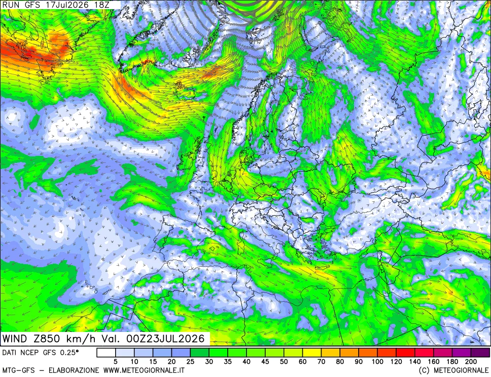 mappa 850 hPa Vento forza e direzione
