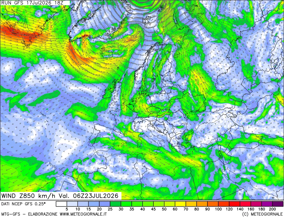 mappa 850 hPa Vento forza e direzione