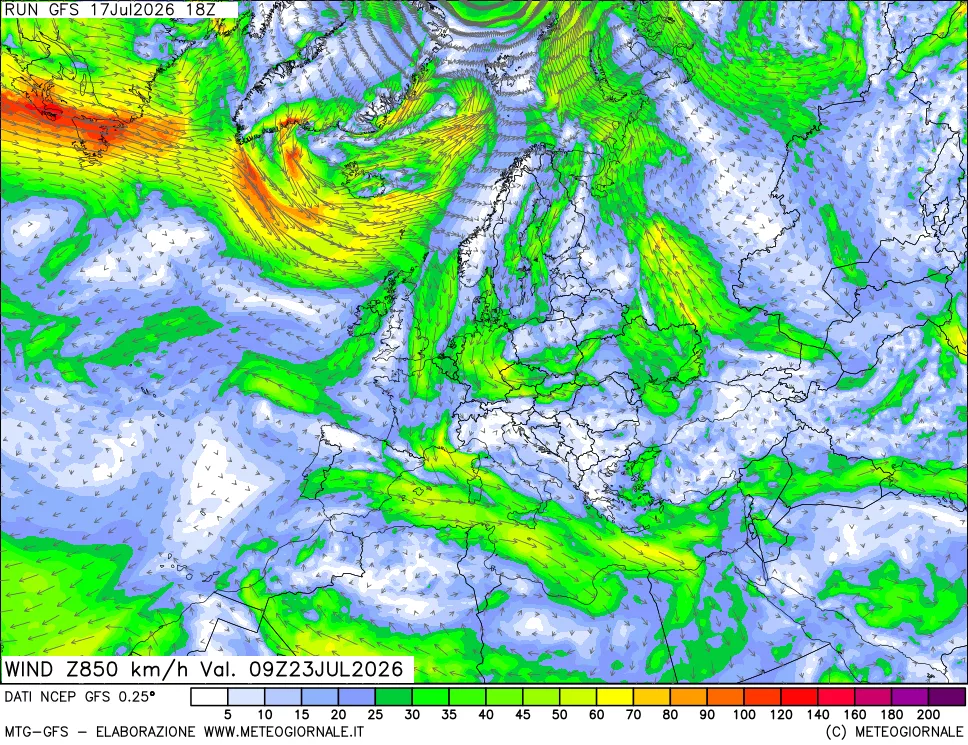 mappa 850 hPa Vento forza e direzione