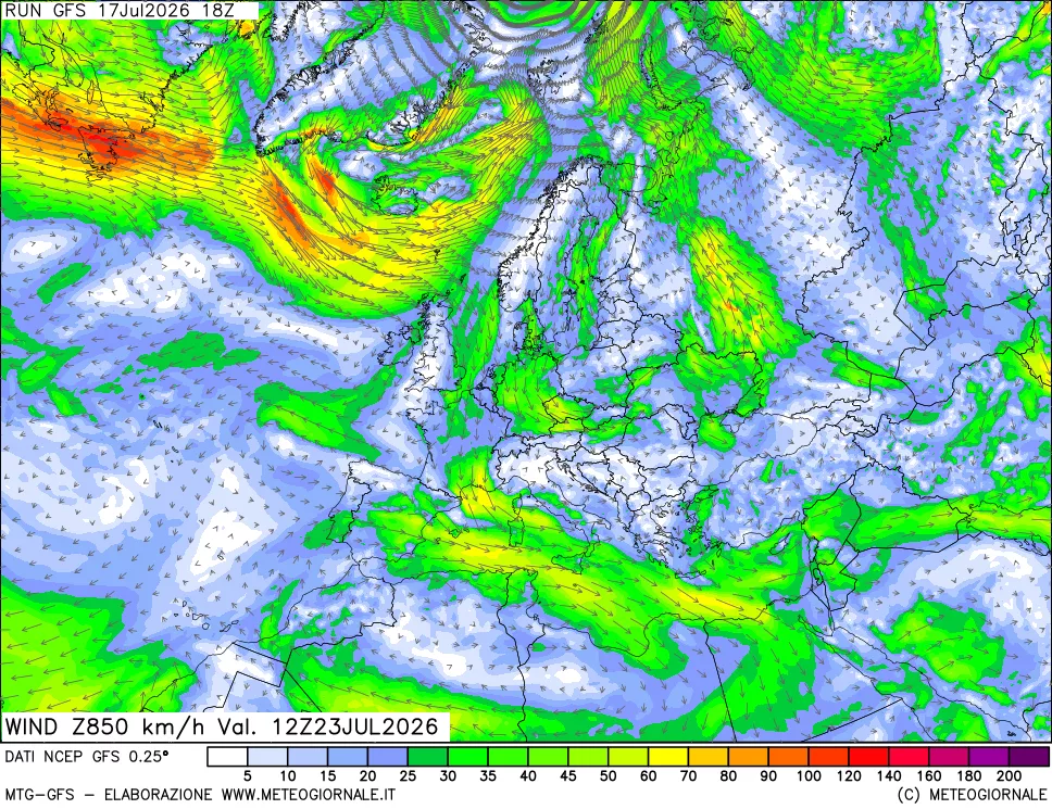 mappa 850 hPa Vento forza e direzione