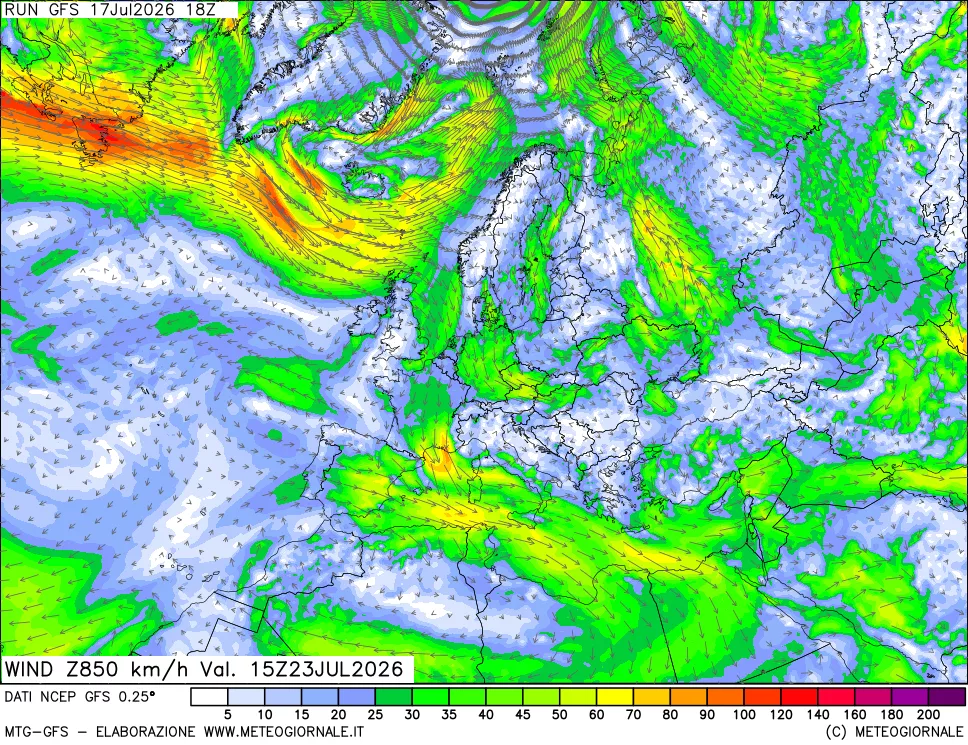 mappa 850 hPa Vento forza e direzione