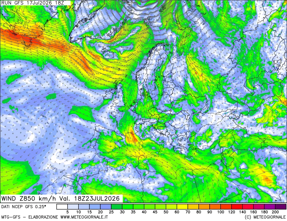 mappa 850 hPa Vento forza e direzione