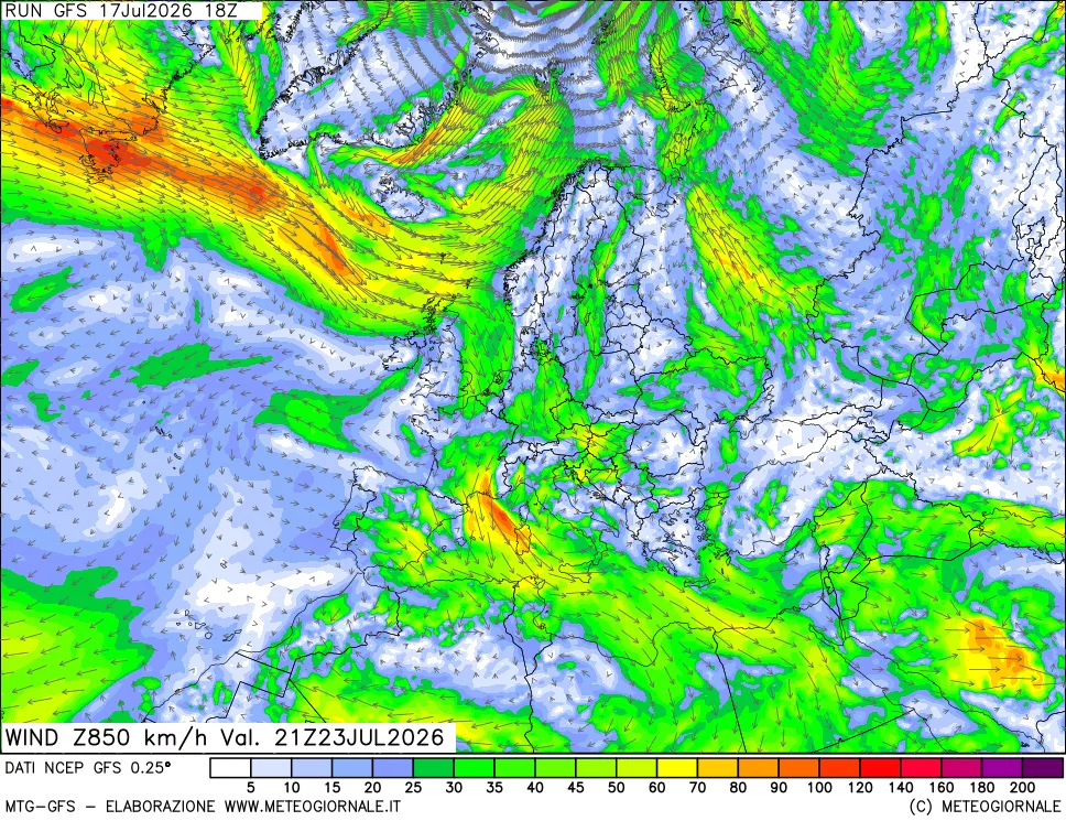 mappa 850 hPa Vento forza e direzione