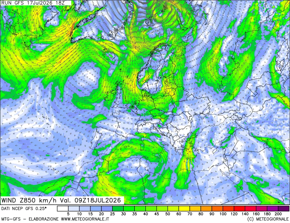 mappa 850 hPa Vento forza e direzione