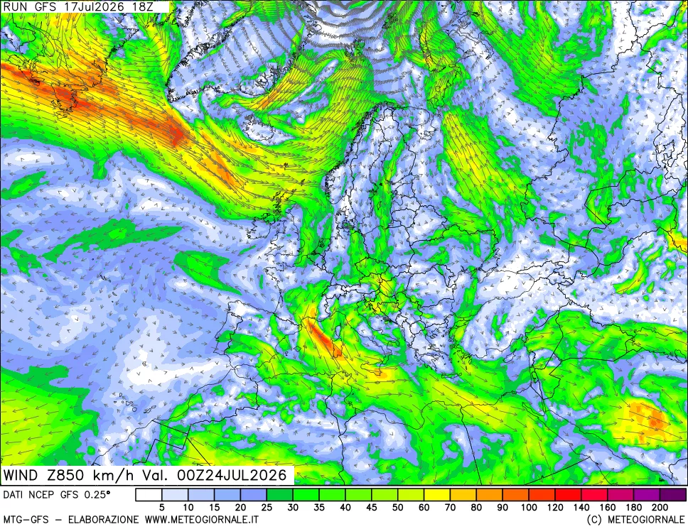 mappa 850 hPa Vento forza e direzione