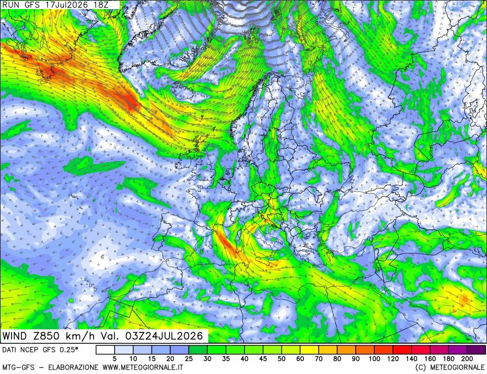 mappa 850 hPa Vento forza e direzione
